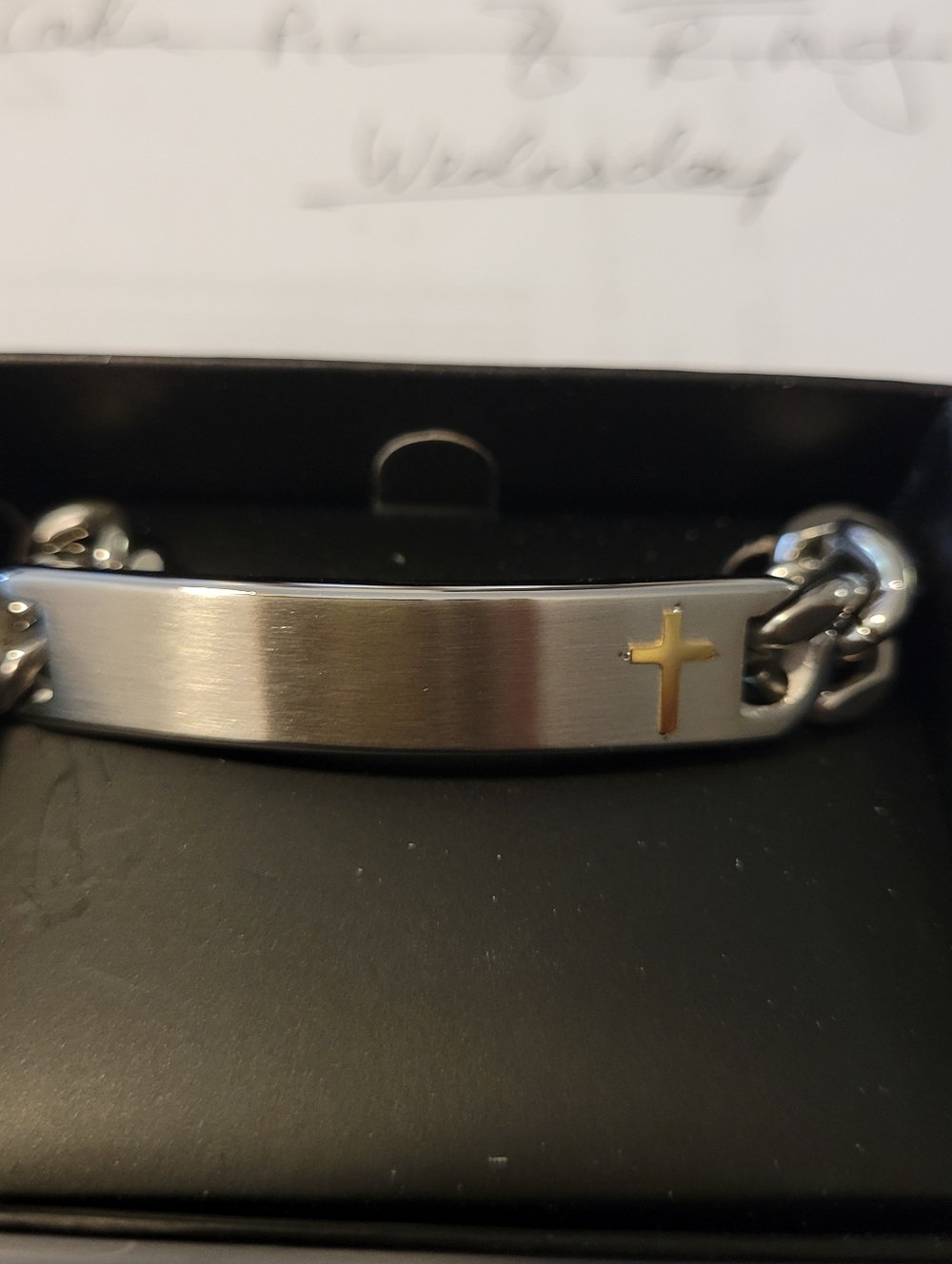 Stainless Steel Men's ID Bracelet with Gold Cross & Size 10 Ring